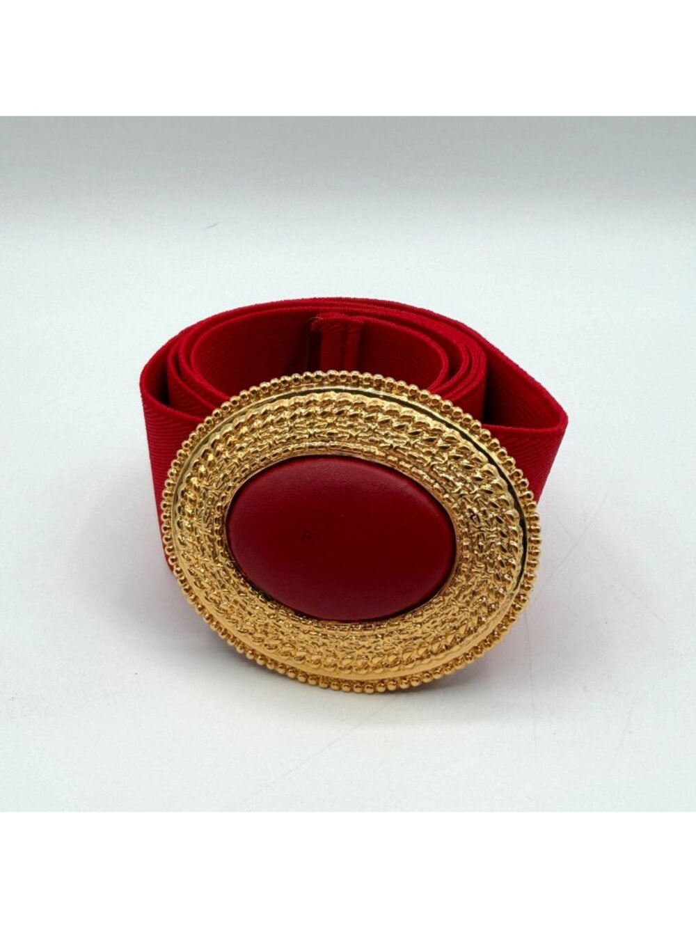 Vintage Day-Lor USA Red Stretch Belt Gold Tone Cabochon Buckle 42.5" Length